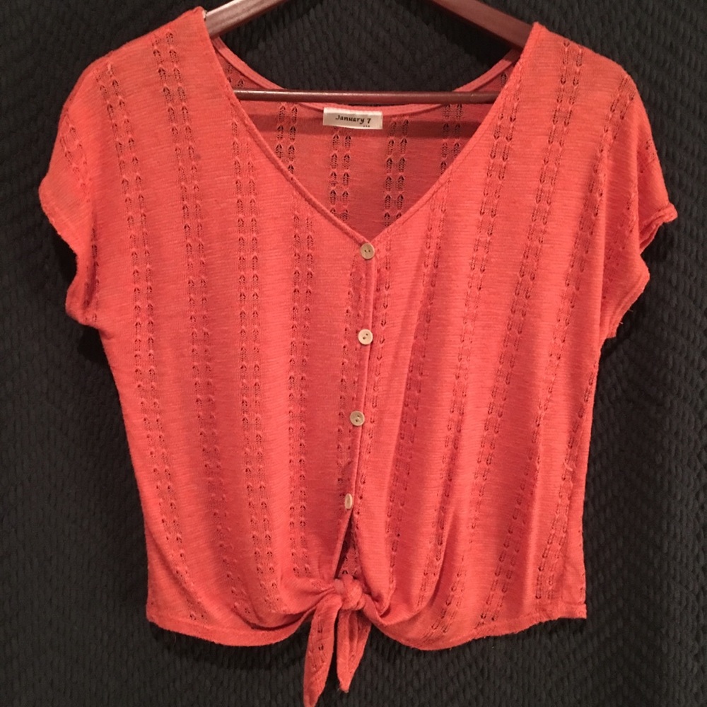 Short Sleeve Coral Crop Tie-Front Crochet Top